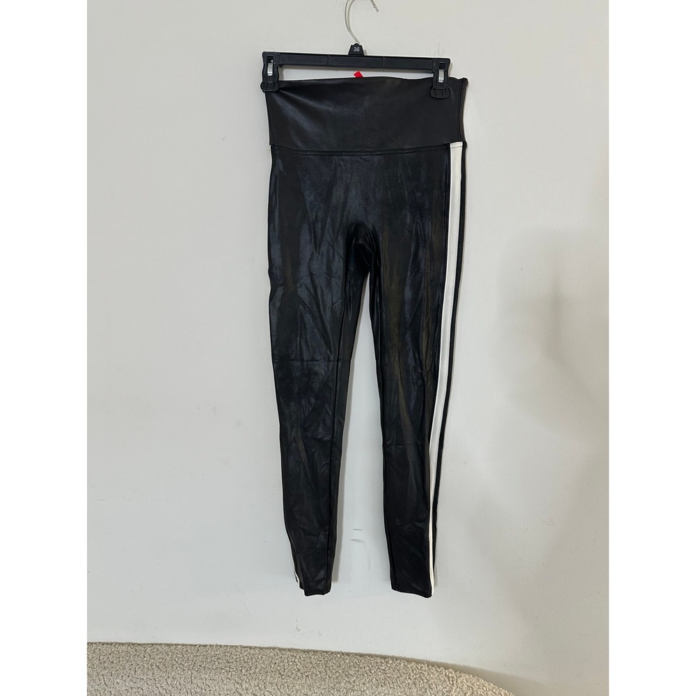 Spanx Faux Leather Side Stripe Leggings Very Black White High Rise Medium M - Picture 2 of 4